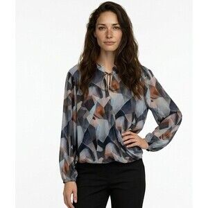 APNY Abstract Print Bell Sleeve Blouse Tie Neck Boho Chic Top Sz XL Modal Cupro